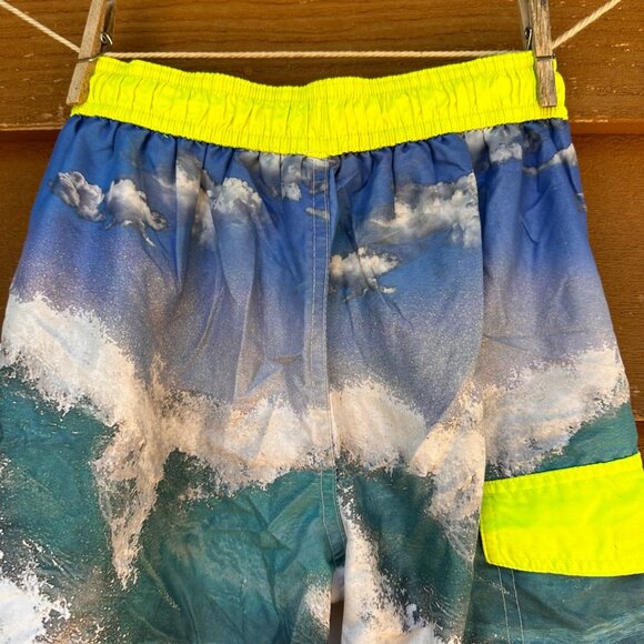 OP Boys Shark Swim Trunks Blue Ocean Surf Print Neon Yellow Waistband Size M 8 - Picture 7 of 9